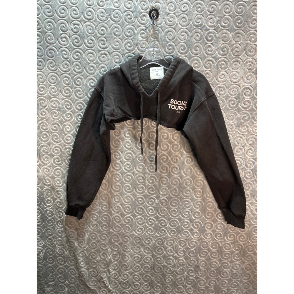 Social Tourist LA Crop Hoodie‎ Long Sleeve Drawstring Charcoal Gray Size M
